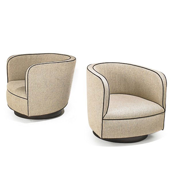 MILO BAUGHMAN; THAYER COGGIN Pr. of club chairs: MILO BAUGHMAN (1923 - 2003) THAYER COGGIN Pair of club chairs, High Point, NC, 1970s; Wool, leather; Unmarked; 24" x 28" x 29"