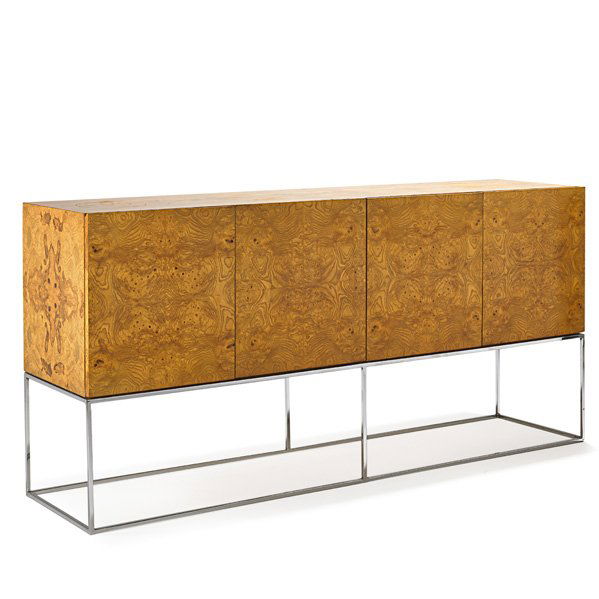 MILO BAUGHMAN; THAYER COGGIN Cabinet: MILO BAUGHMAN (1923 - 2003) THAYER COGGIN Cabinet, High Point, NC, 1970s; Olive burl, chromed steel; Unmarked; 34 1/2" x 72" x 18 1/4"