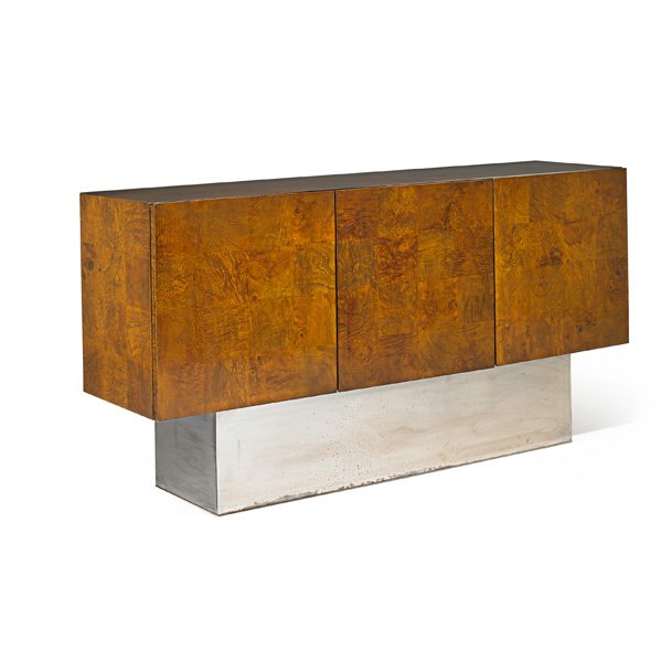 MILO BAUGHMAN; THAYER COGGIN Cabinet: MILO BAUGHMAN (1923 - 2003) THAYER COGGIN Cabinet, High Point, NC, 1970s; Maple burl, chromed steel; Unmarked; 33 3/4" x 66" x 17 1/2"