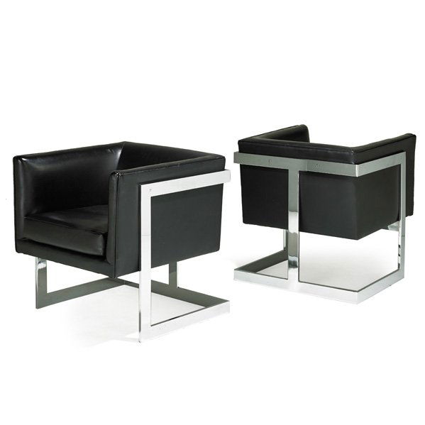 MILO BAUGHMAN; THAYER COGGIN Pr lounge chairs: MILO BAUGHMAN (1923 - 2003) THAYER COGGIN Pair of T-Back lounge chairs, High Point, NC, 1970s; Chromed steel, vinyl; Unmarked; 25 1/2" x 24 1/2" x 25"