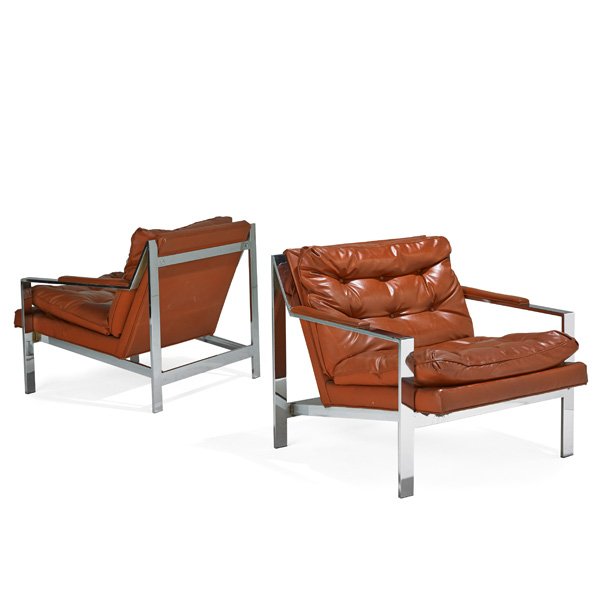 MILO BAUGHMAN; THAYER COGGIN Pr. lounge chairs: MILO BAUGHMAN (1923 - 2003) THAYER COGGIN Pair of Angle Bar lounge chairs, High Point, NC, 1970s; Chromed steel, vinyl; Unmarked; 27 1/2" x 30" x 33"