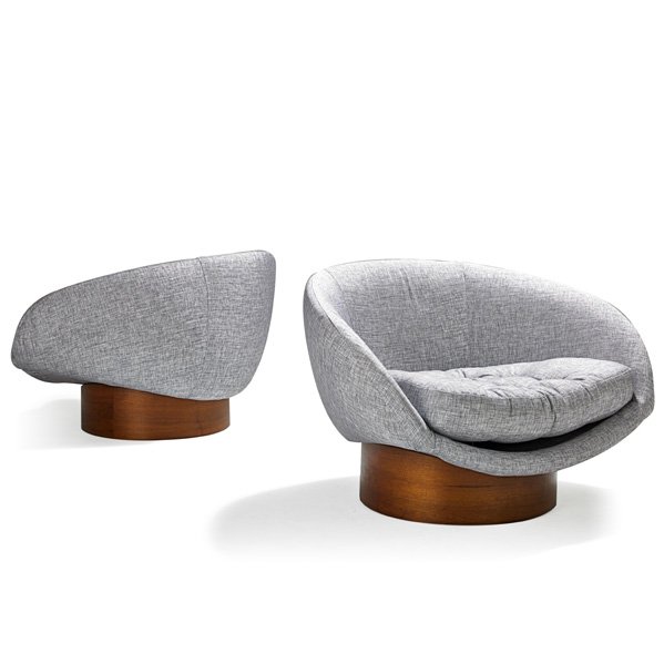HARVEY PROBBER (Attr.) Pr. of lounge chairs: HARVEY PROBBER (Attr.) (1922 - 2003) Pair of lounge chairs, USA, 1960s; Walnut, upholstery; Unmarked; 24" x 36" x 28 1/2"