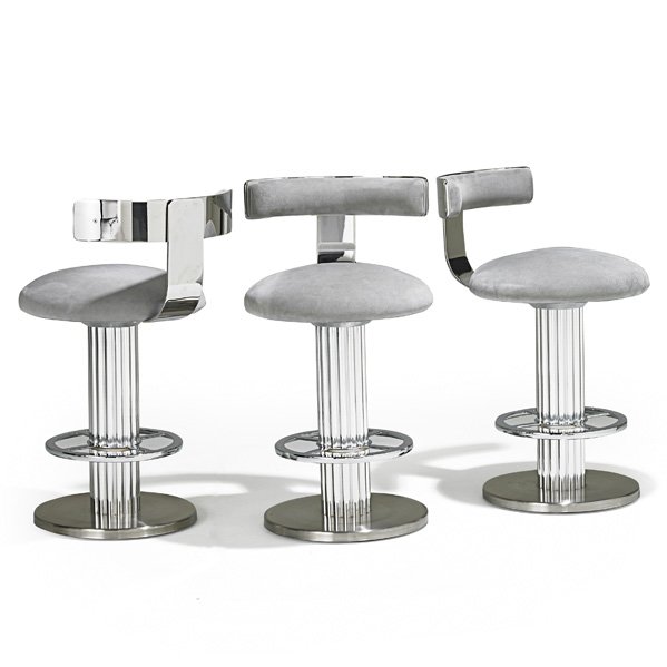 DESIGN FOR LEISURE Three bar stools: DESIGN FOR LEISURE Three bar stools, Mount Kisco, NY, 1980s; Ultrasuede, bright and matte-chromed steel; Upholstery labels; 33" x 18 1/2" x 21 1/2"