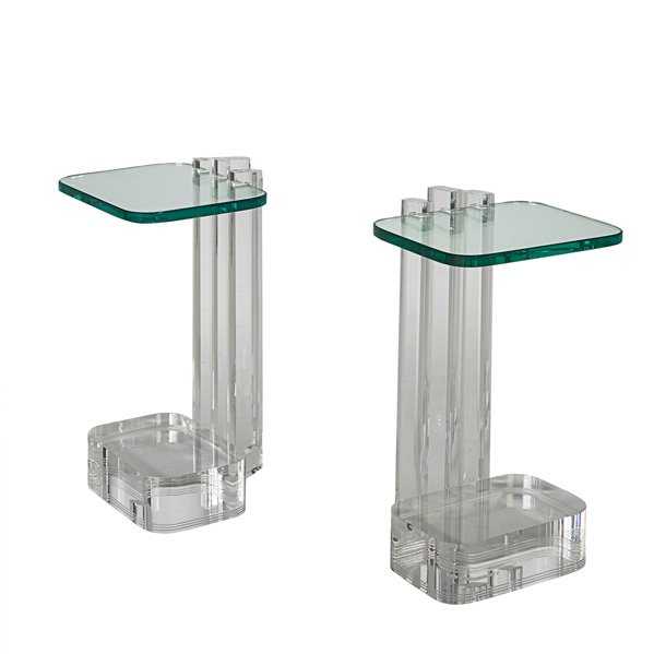 LES PRISMATIQUES Pair of side tables: LES PRISMATIQUES Pair of side tables, France, 1980s; Acrylic, glass; Stamped signatures to both; 24" x 14" x 13"