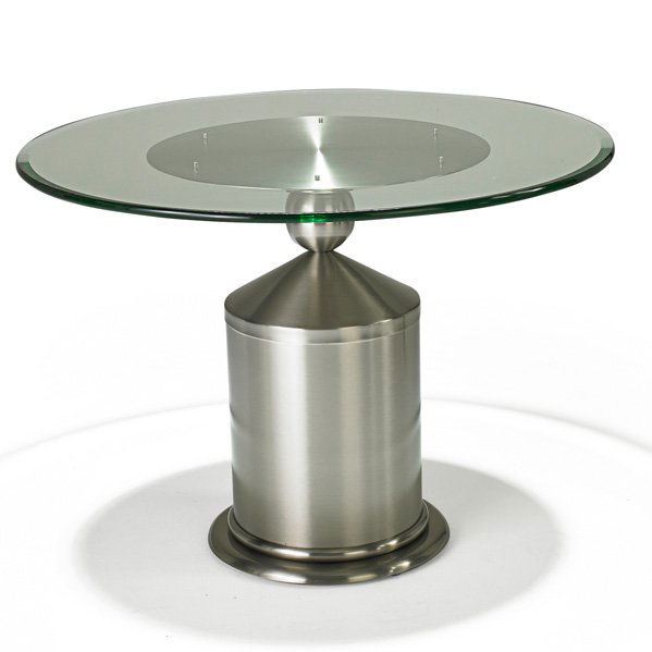 BRUETON Ginger table: BRUETON Ginger table, New York, 1970s; Patinated steel, glass; Unmarked; 30" x 41 1/2" dia.