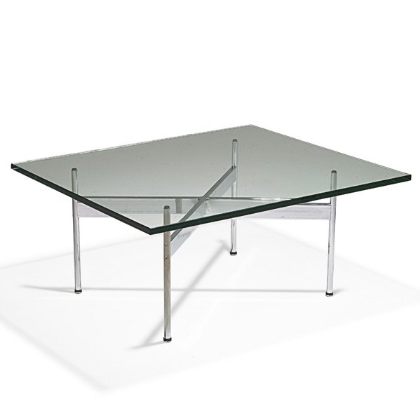 KATAVALOS, LITTELL AND KELLEY Coffee table: KATAVALOS, LITTELL AND KELLEY LAVERNE INTERNATIONAL Coffee table, USA, 1950s; Chromed steel, glass; Unmarked; 16" x 36" x 31"
