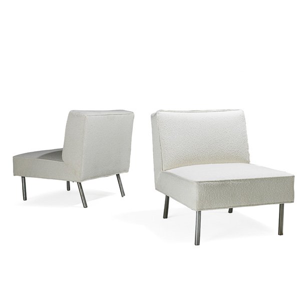 GEORGE NELSON; HERMAN MILLER Pr. of lounge chairs: GEORGE NELSON (1908 - 1986) HERMAN MILLER Pair of lounge chairs, Zeeland, MI, 1950s; Nubby wool, zinc-plated metal; Unmarked; 30" x 23" x 26 1/2"
