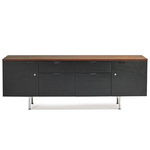 GEORGE NELSON Cabinet: GEORGE NELSON (1908 - 1986) HERMAN MILLER Cabinet, USA, 1976; Rosewood, ebonized wood, chromed steel; Metal label, dated; 27" x 74" x 18 1/2"