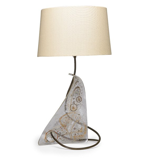 ZAHARA SCHATZ Table lamp: ZAHARA SCHATZ (1916 - 1999) Table lamp, USA, 1940s; Acrylic, brass, copper, linen, single socket; Unmarked; Overall: 29" x 16" dia, base to socket: 19 1/2" x 13 1/2" x 10"