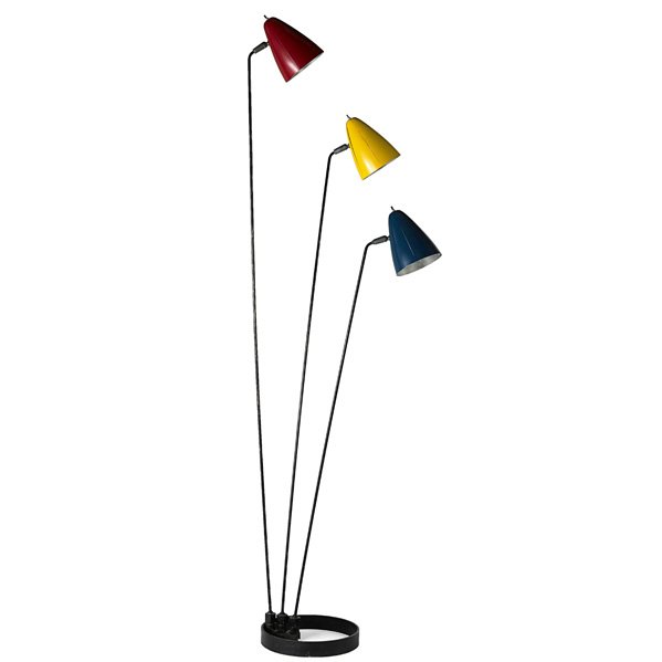 BEN SEIBEL; RAYMOR Floor lamp: BEN SEIBEL (1918 - 1985) RAYMOR Floor lamp, USA, 1950s; Enameled steel, enameled aluminum, aluminum, three sockets; Unmarked; As shown: 83" x 27" x 19"