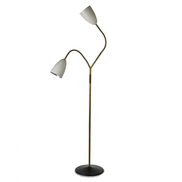CARL AUBOCK Double cone floor lamp: CARL AUBOCK (1900 - 1957) Adjustable double cone floor lamp, Austria, 1960s; Brass, enameled aluminum and metal, leather, two sockets; Unmarked; As shown: 75" x 13 1/2" dia.