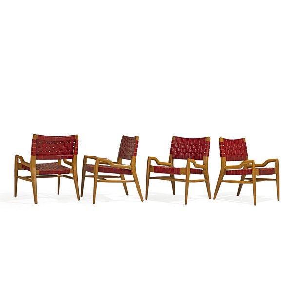 JOHN KEAL; BROWN & SALTMAN Four chairs: JOHN KEAL BROWN & SALTMAN Four armchairs, USA, 1950s; Mahogany, leather webbing; Unmarked; 28 1/2" x 22 1/2" x 23"