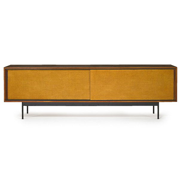 DIETER WAECKERLIN Cabinet: DIETER WAECKERLIN BEHR Cabinet, Germany, 1960s; Teak, birch, enameled steel, woven grass; Retailer's label; 31 1/4" x 103" x 20 3/4"