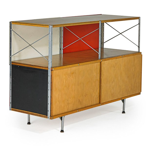 CHARLES AND RAY EAMES ESU (no. 220): CHARLES EAMES (1907 - 1978) RAY EAMES (1912 - 1988) HERMAN MILLER Eames Storage Unit, (ESU, no. 220), Zeeland, MI, 1954; Birch plywood, laminated walnut, zinc-plated steel, enameled masonite; Stamped 