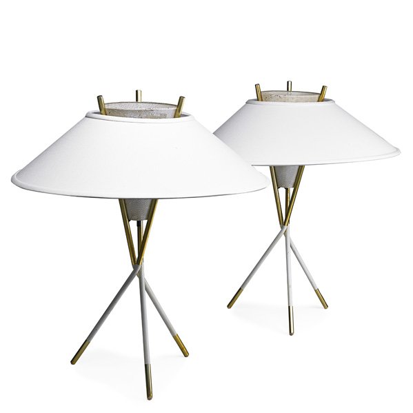 GERALD THURSTON; LIGHTOLIER Pr. table lamps: GERALD THURSTON LIGHTOLIER Pair of table lamps, USA, 1950s; Brass-plated and painted metal, bronze, new silk shades, single sockets; Unmarked; 26" x 11 1/2" 10"