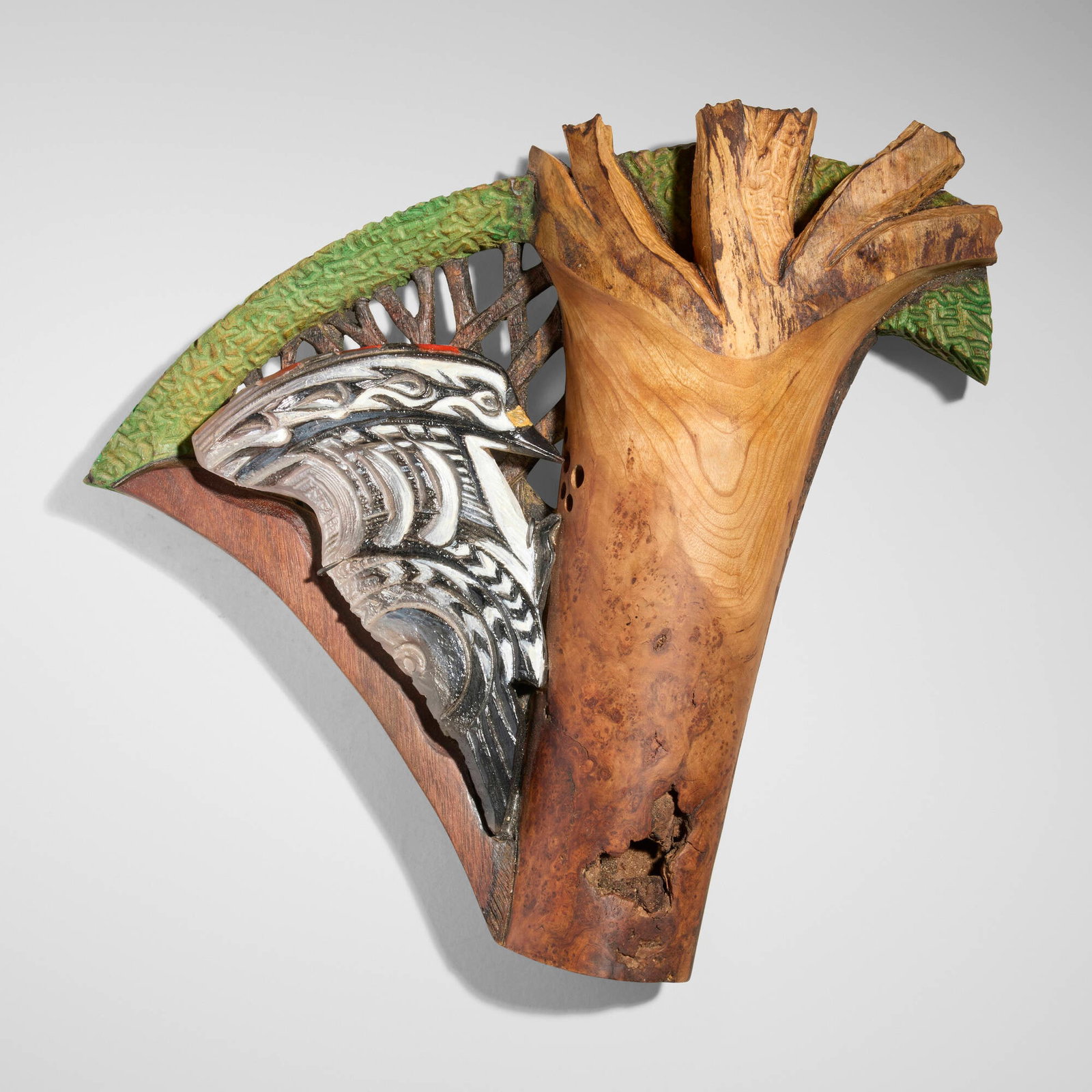 Derek Weidman, Glass Shatterer: Derek Weidman Glass Shatterer 2019elm burl, walnut, cast glass, acrylic, enamel 12.5 h x 12.5 w x 3.375 d in (32 x 32 x 9 cm) Work features a cast glass woodpecker based on a turned wood model