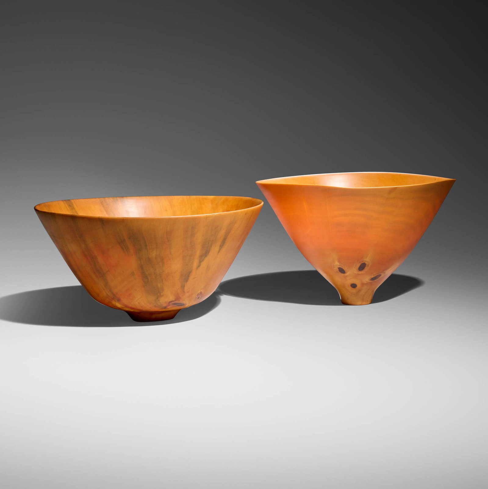 Ron Kent, Bowls (two works): Ron Kent Bowls (two works) c. 1990, 1998Norfolk Island pine 7.5 h x 11.75 dia in (19 x 30 cm) 6.375 h x 13 w x 13.5 d in (16 x 33 x 34 cm) Incised signature and date to taller example 'Ron
