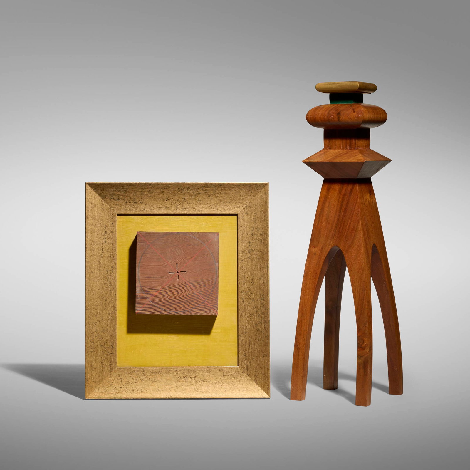 Garry Knox Bennett, Candlestick; Framed wood-turning block (two works): Garry Knox Bennett Candlestick; Framed wood-turning block (two works) 1993, 2002carved, painted and gilt wood, gilt metal 19.875 h x 5.5 w x 5.25 d in (50 x 14 x 13 cm) 1.75 h x 11.75 w x 13.625 d