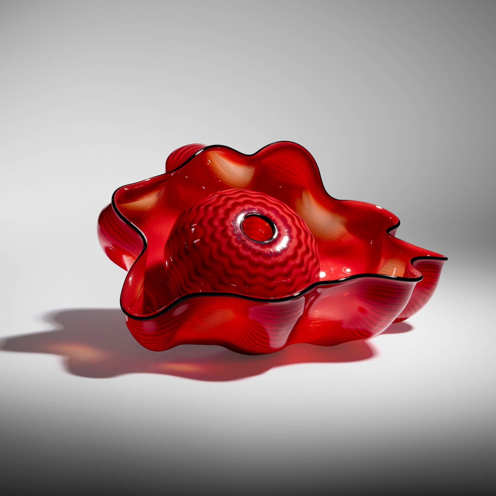 Dale Chihuly, Red Seaform Pair: Dale Chihuly Red Seaform Pair Portland Press 1995 hand-blown glass 5.375 h x 11.75 w x 8.125 d in (14 x 30 x 21 cm) Work is composed of two elements. Etched signature and number to underside of