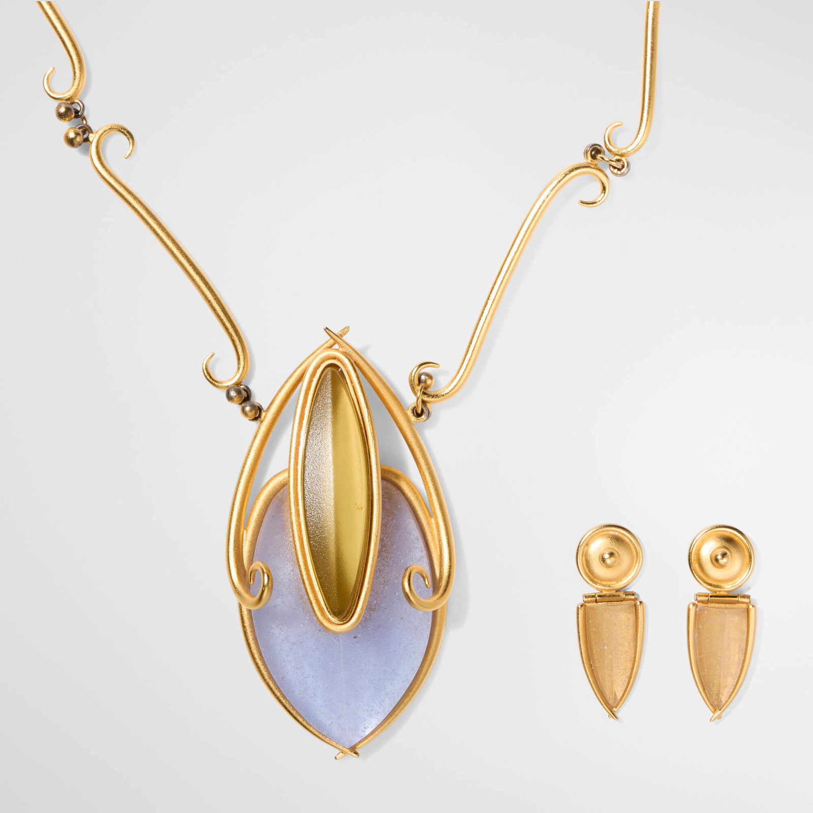 Linda MacNeil, Iris Temple Floral Necklace and pair of earrings: Linda MacNeil Iris Temple Floral Necklace and pair of earrings 2000 acid-polished lavender pate de verre, clear glass, 24k gold-plated brass chain: 0.25 h x 17.75 w x 0.25 d in (1 x 45 x 1 cm)