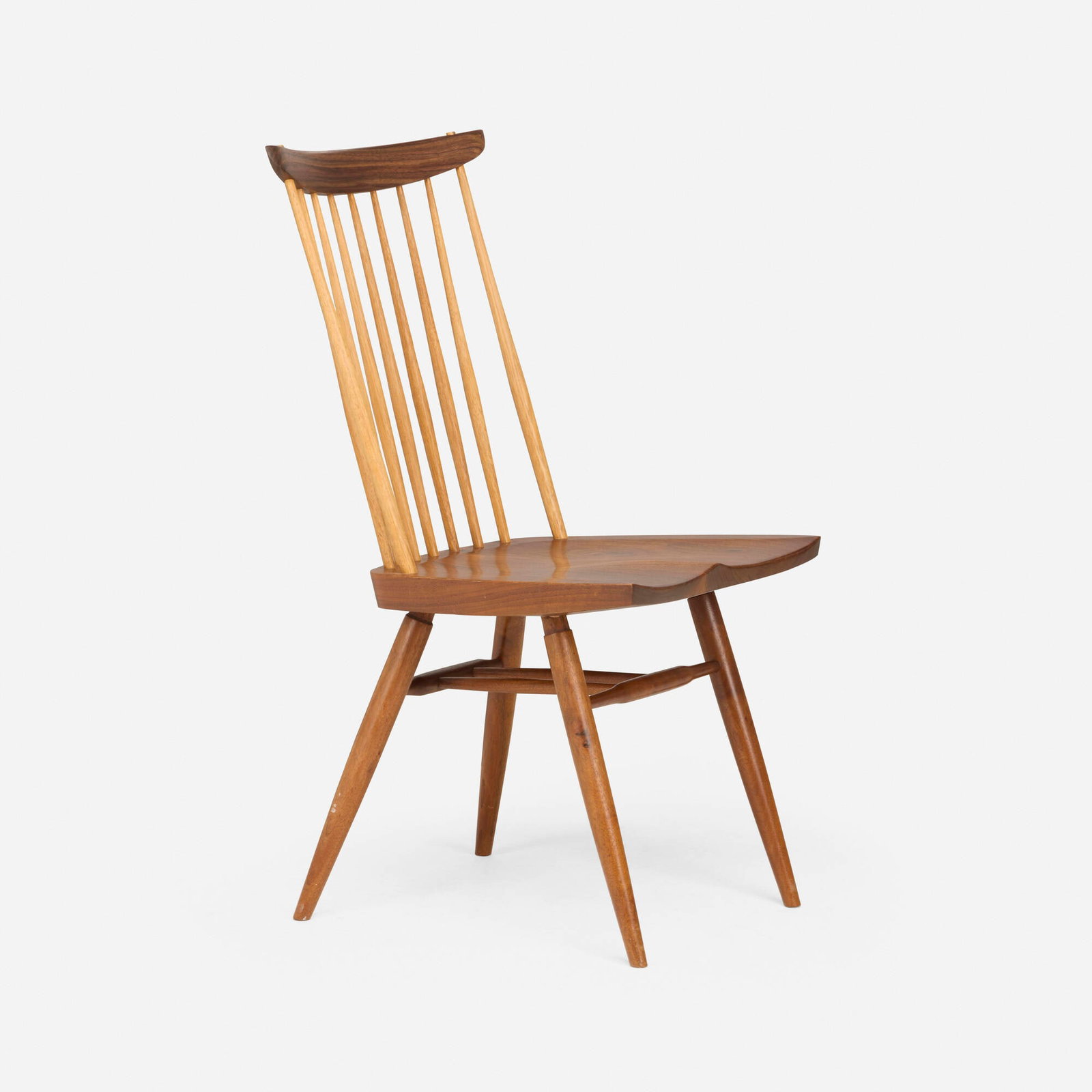 Mira Nakashima, New chair: Mira Nakashima New chair Nakashima Studio USA, 2000 American black walnut, hickory 36 h x 18.5 w x 21 d in (91 x 47 x 53 cm) Signed, dated and inscribed with client's name to underside 'Nakashima