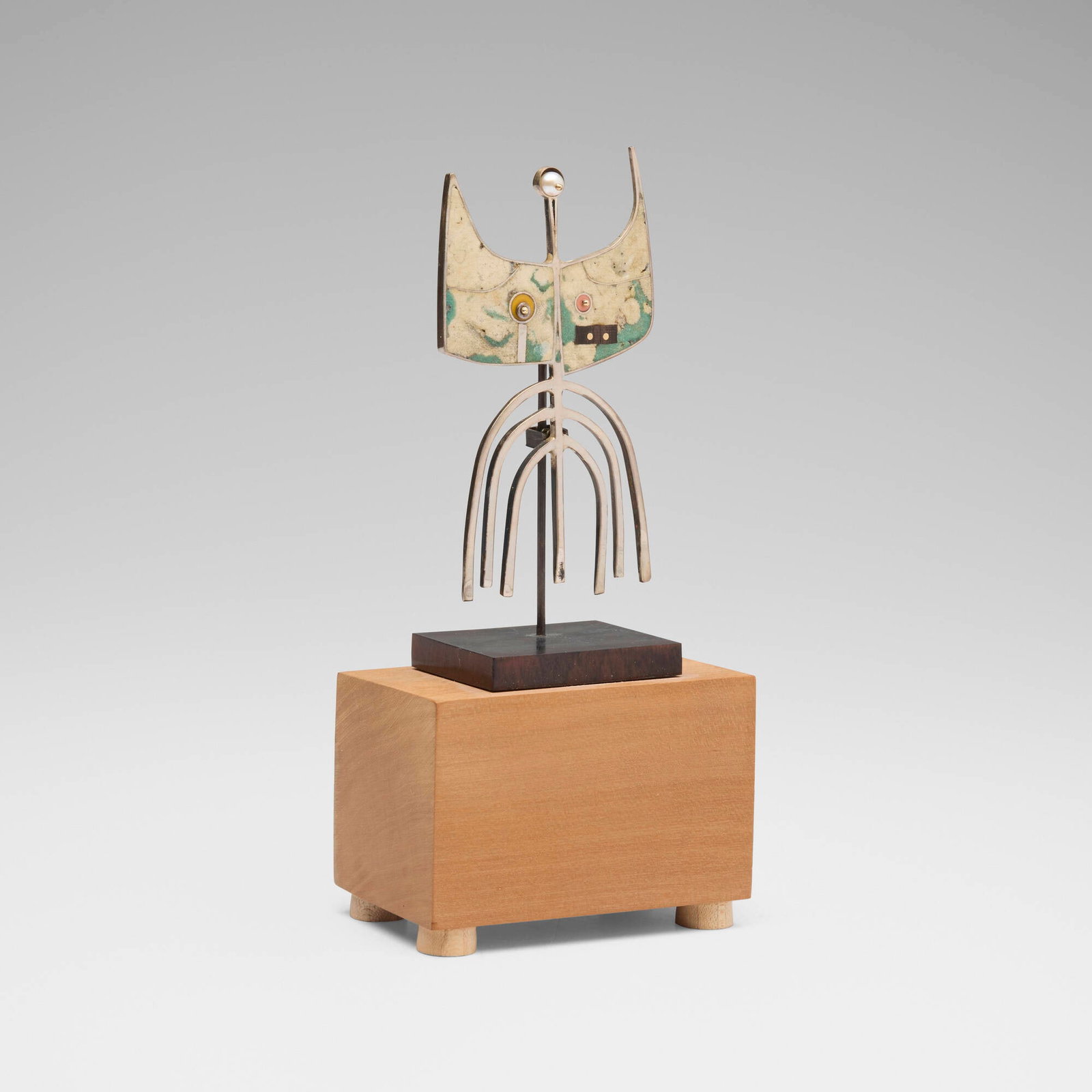 Tod Pardon, Sculptural brooch: Tod Pardon Sculptural brooch 2010sterling silver, 14k yellow gold, enamel, resin, ebony, pearl brooch: 4 h x 2.25 w x 0.25 d in (10 x 6 x 1 cm) Impressed signature and number with material and