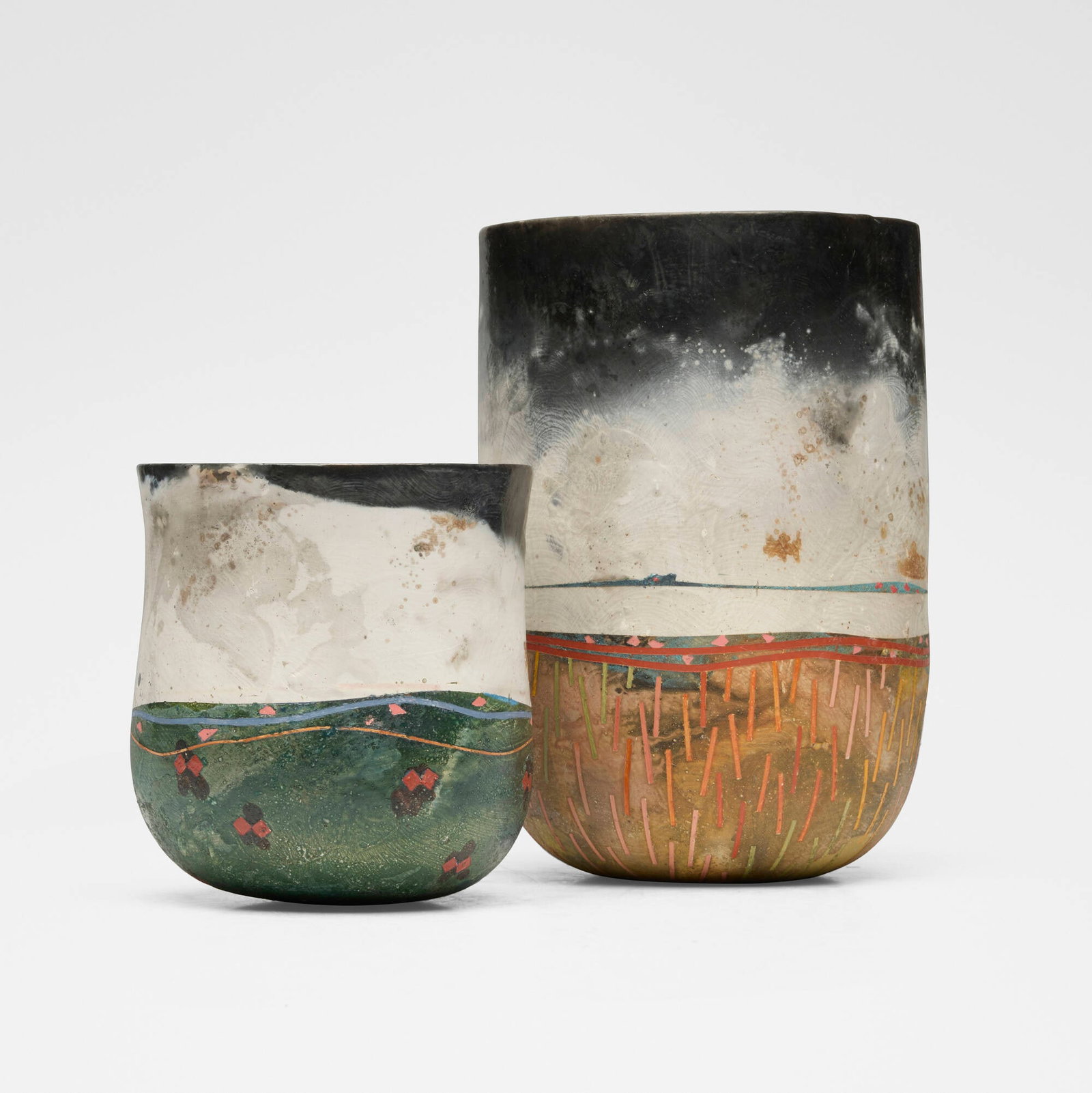 Bennett Bean, Vases, set of two: Bennett Bean Vases, set of two c. 2000 pit-fired and painted earthenware 9.25 h x 6.5 w x 6.25 d in (23 x 17 x 16 cm) 5.75 h x 5.375 w x 5 d in (15 x 14 x 13 cm) Impressed bean mark to each