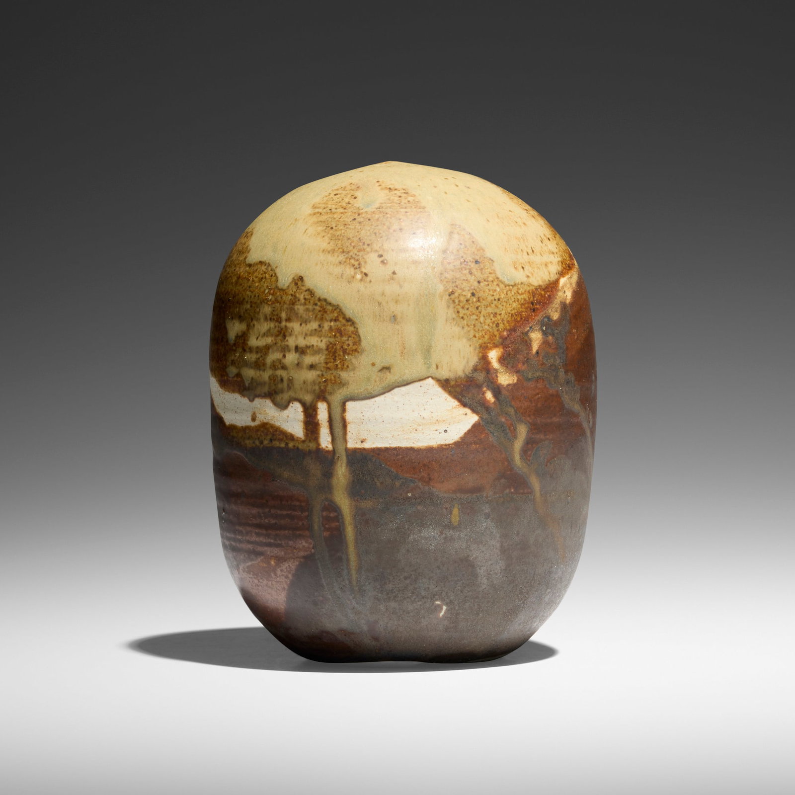 Toshiko Takaezu, Closed Form (with rattle): Toshiko Takaezu Closed Form (with rattle) c. 1978 glazed porcelain 6.75 h x 5.25 dia in (17 x 13 cm) Incised signature to underside 'TT'. Provenance: Private Collection This work will