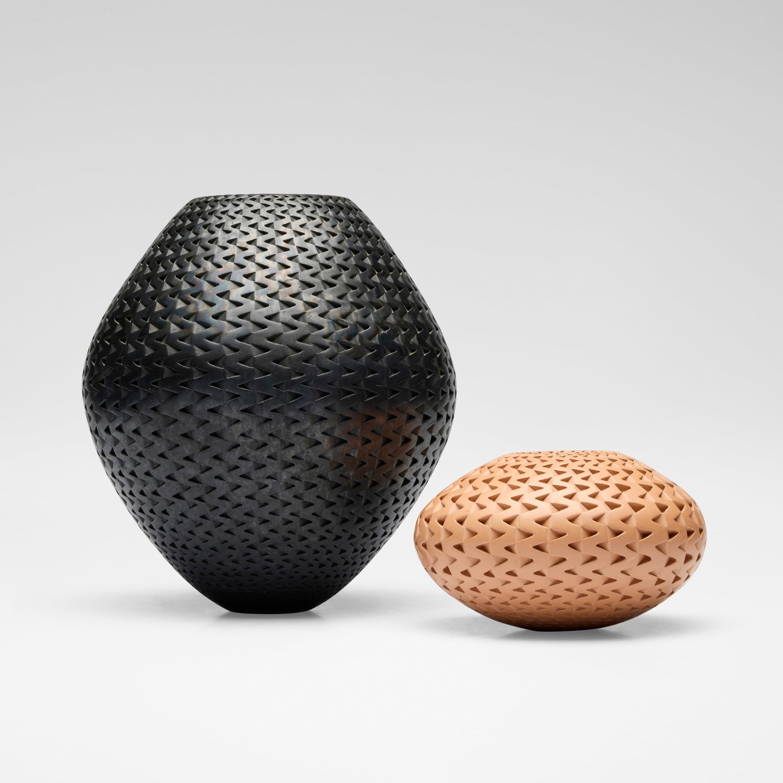 Michael Wisner, Zigzag vessels (two works): Michael Wisner Zigzag vessels (two works) 2002-03 glazed earthenware 9 h x 8.25 dia in (23 x 21 cm) 3.625 h x 6 dia in (9 x 15 cm) Incised signature and date to each example 'Michael Wisner 02'