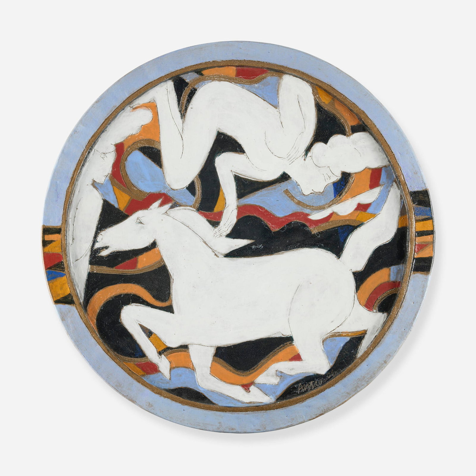 Rudy Autio, Monumental charger with nude and horse: Rudy Autio Monumental charger with nude and horse 2006 glazed stoneware 3.75 h x 29 dia in (10 x 74 cm) Incised signature and date to edge 'Autio 06'. This work will ship from Lambertville, New