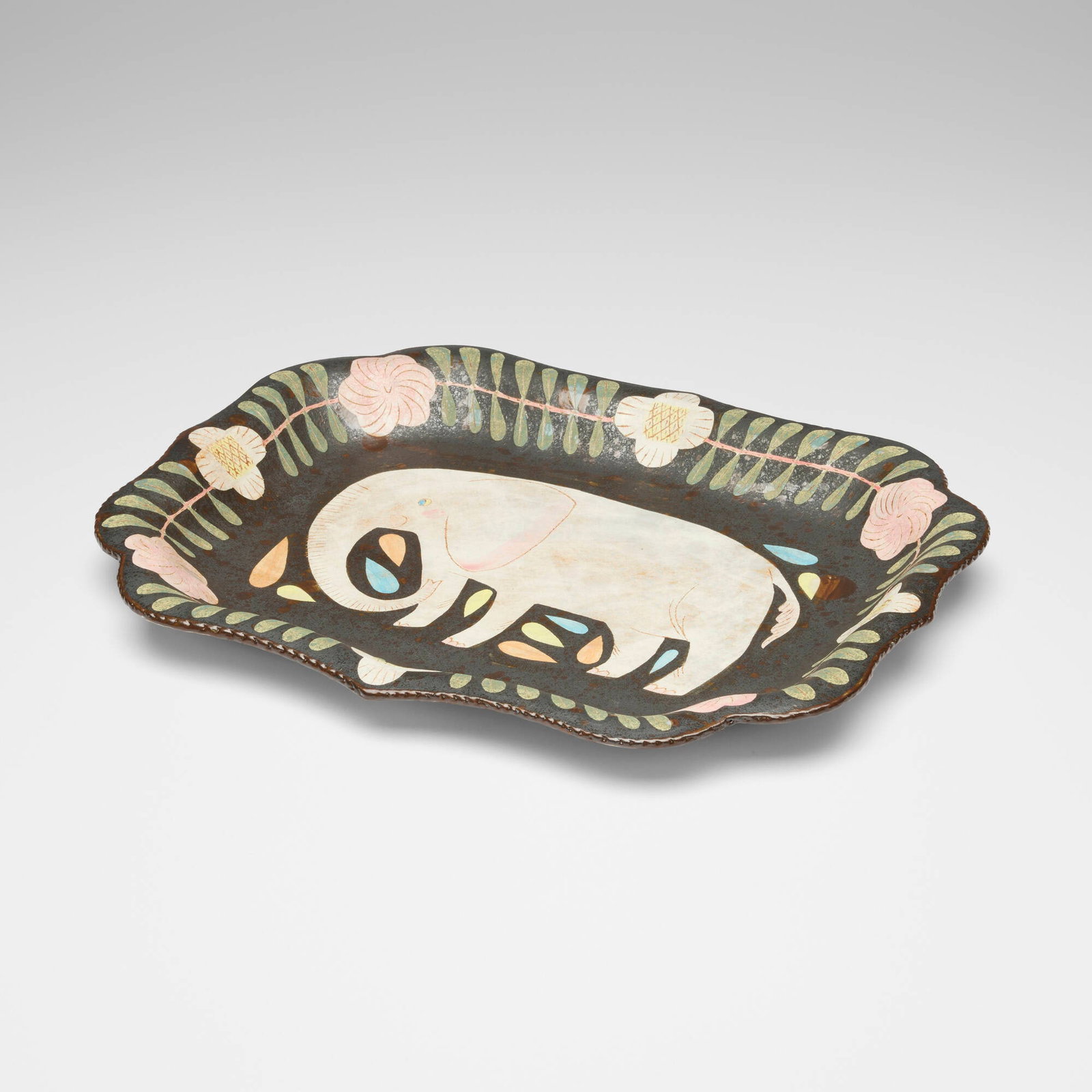 Makoto Kagoshima, Elephant plate: Makoto Kagoshima Elephant plate c. 2016 glazed stoneware 1.25 h x 15 w x 12 d in (3 x 38 x 30 cm) Impressed signature to underside 'Makoto Kagoshima'. Sold with a digital copy of the receipt from