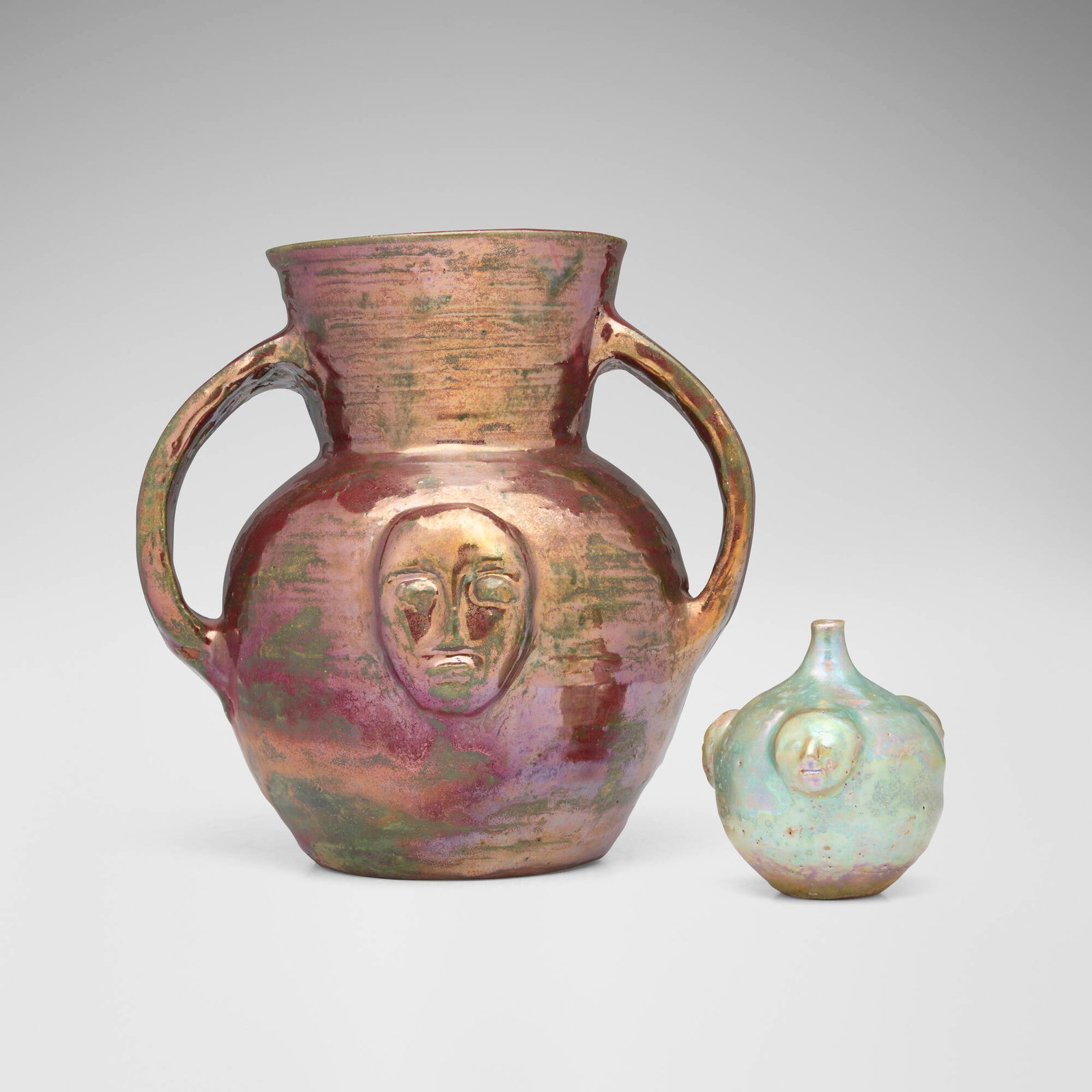 Beatrice Wood, Vessels with medallions (two works): Beatrice Wood Vessels with medallions (two works) c. 1990 glazed earthenware 8.125 h x 8.25 w x 7 d in (21 x 21 x 18 cm) 3.375 h x 3.25 w x 3.25 d in (9 x 8 x 8 cm) Signed, inscribed and numbered