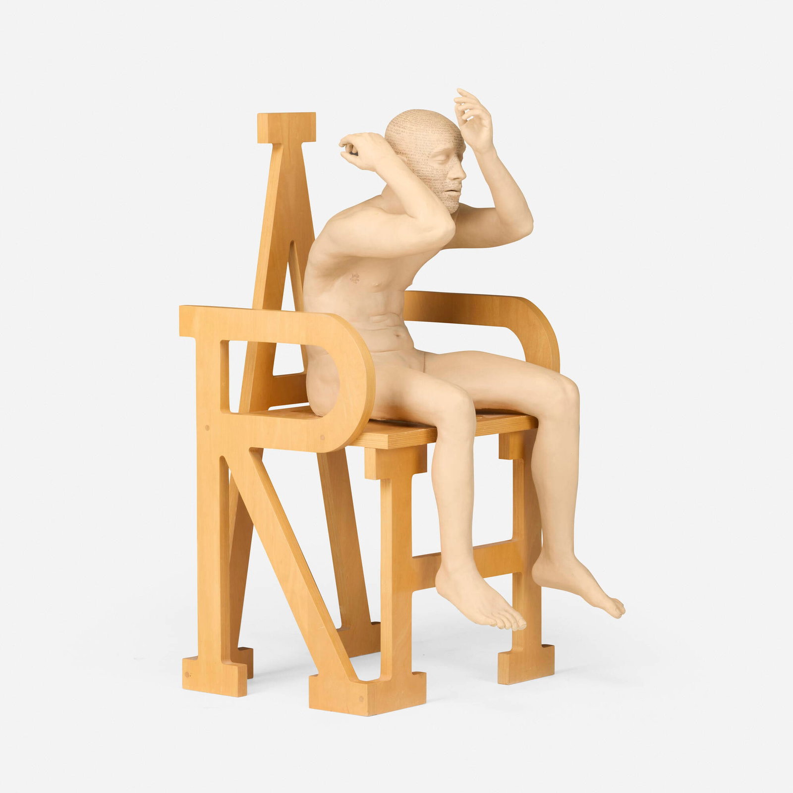 Dirk Staschke, Handmade Figure with Computer Generated Code: Dirk Staschke Handmade Figure with Computer Generated Code 2020 ceramic, maple figure: 36.5 h x 15 w x 16 d in (93 x 38 x 41 cm) chair: 38 h x 21 w x 17.5 d in (97 x 53 x 44 cm) 40.25 h x 21 w x