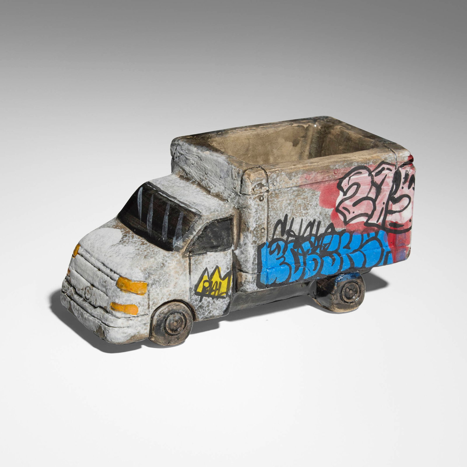 Roberto Lugo, Graffiti Truck planter: Roberto Lugo Graffiti Truck planter c. 2020 glazed ceramic 3.25 h x 6.75 w x 3.25 d in (8 x 17 x 8 cm) Glazed artist's graffiti tag to body 'Maz'. This work will ship from Chicago, Illinois.