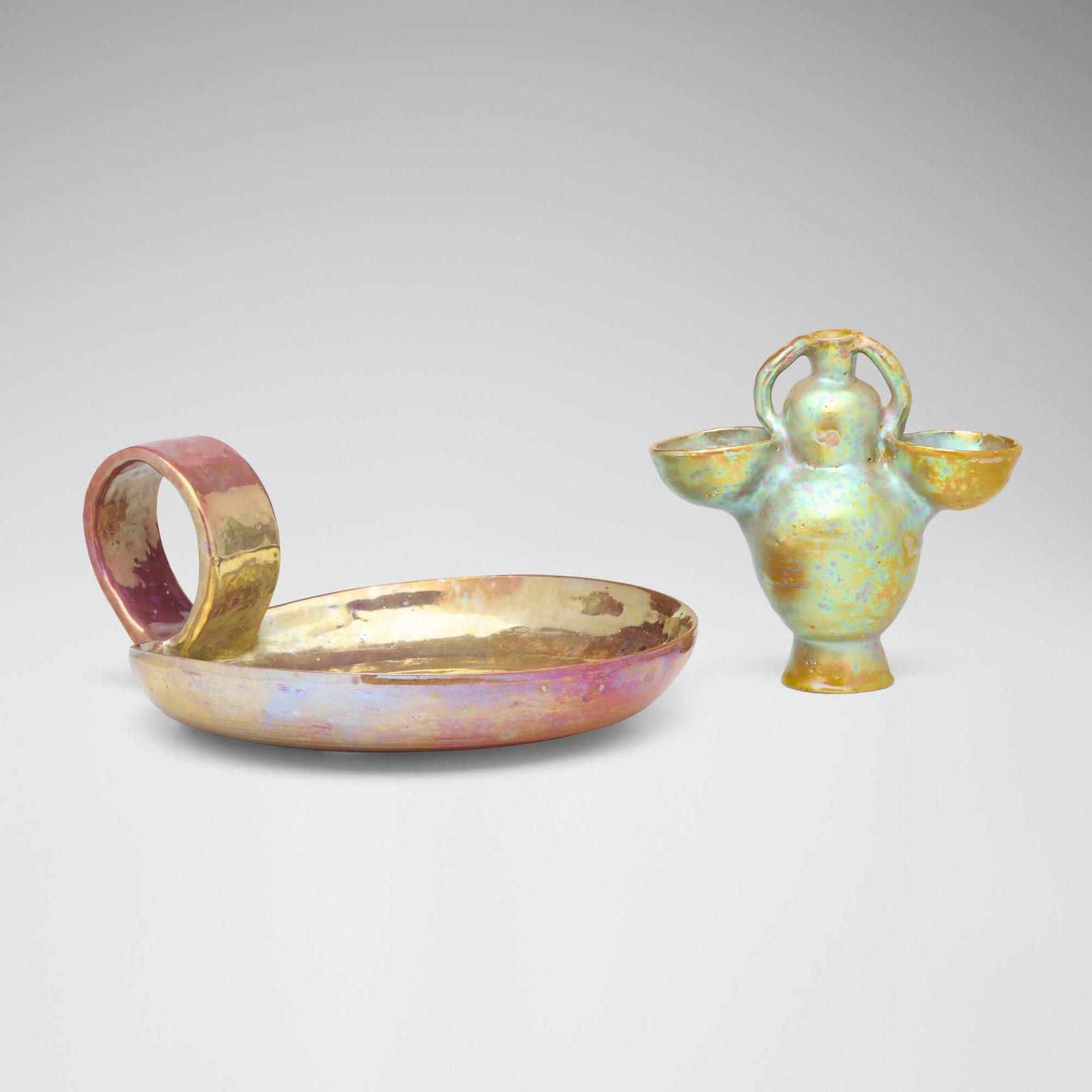 Beatrice Wood, Low bowl; Vessel (two works): Beatrice Wood Low bowl; Vessel (two works) c. 1990glazed earthenware 6 h x 6.375 w x 3 d in (15 x 16 x 8 cm) 4.5 h x 9.25 w x 11.125 d in (11 x 23 x 28 cm) Signed to underside of each examp