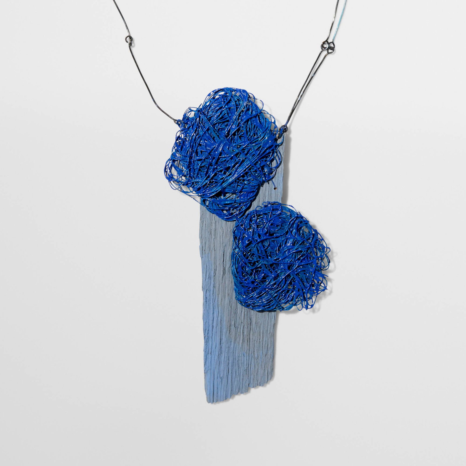 Myung Urso, Necklace: Myung Urso Necklace 21st centurypainted wire and wood, base metal, thread chain: 21.5 l in (55 cm) focal piece: 7 h x 3.75 w x 0.5 d in (18 x 10 x 1 cm) Provenance: Pistach