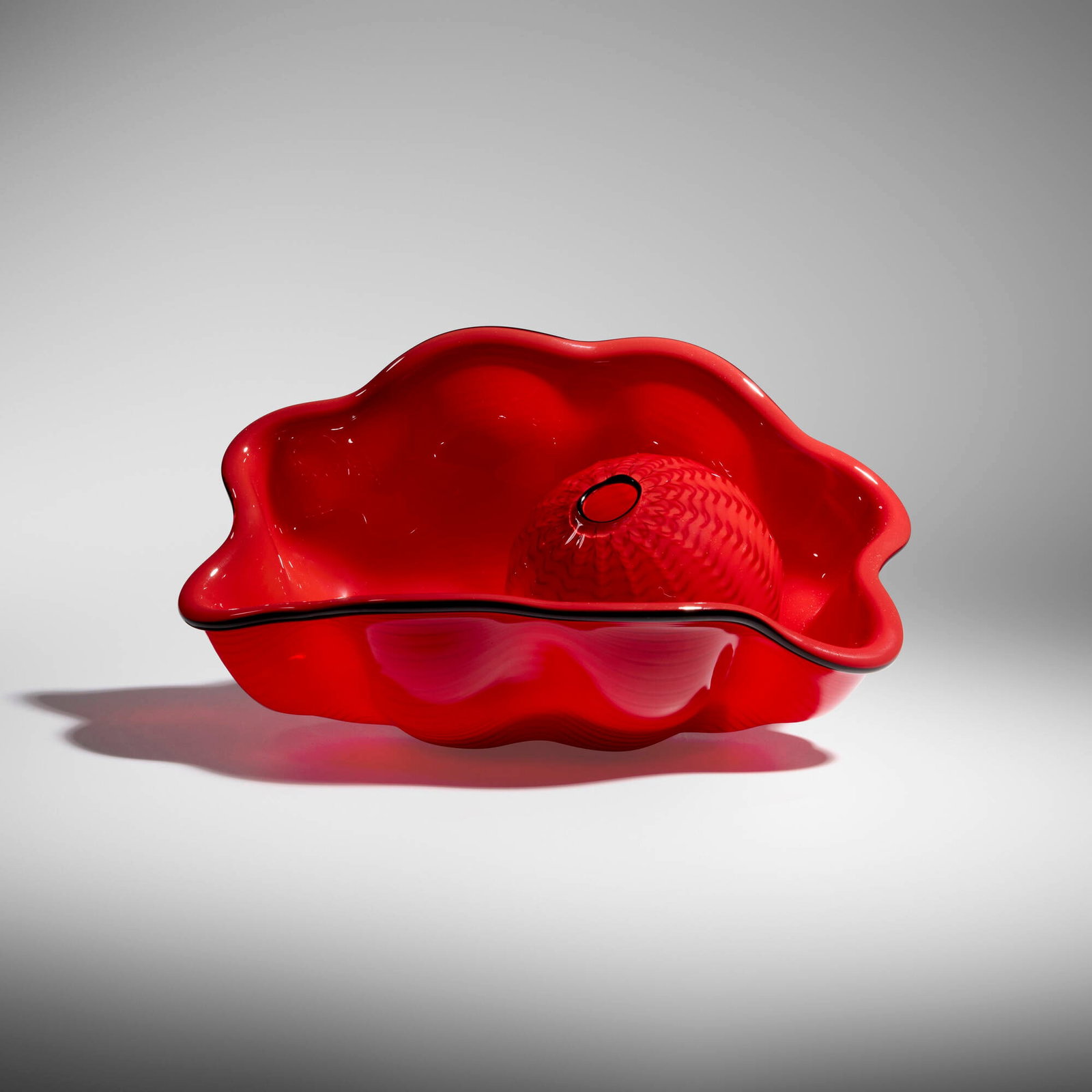 Dale Chihuly, Red Seaform Pair: Dale Chihuly Red Seaform Pair Portland Press 1995 hand-blown glass 4.875 h x 9.125 w x 6 d in (12 x 23 x 15 cm) Work is composed of two elements. Etched signature and number to underside of