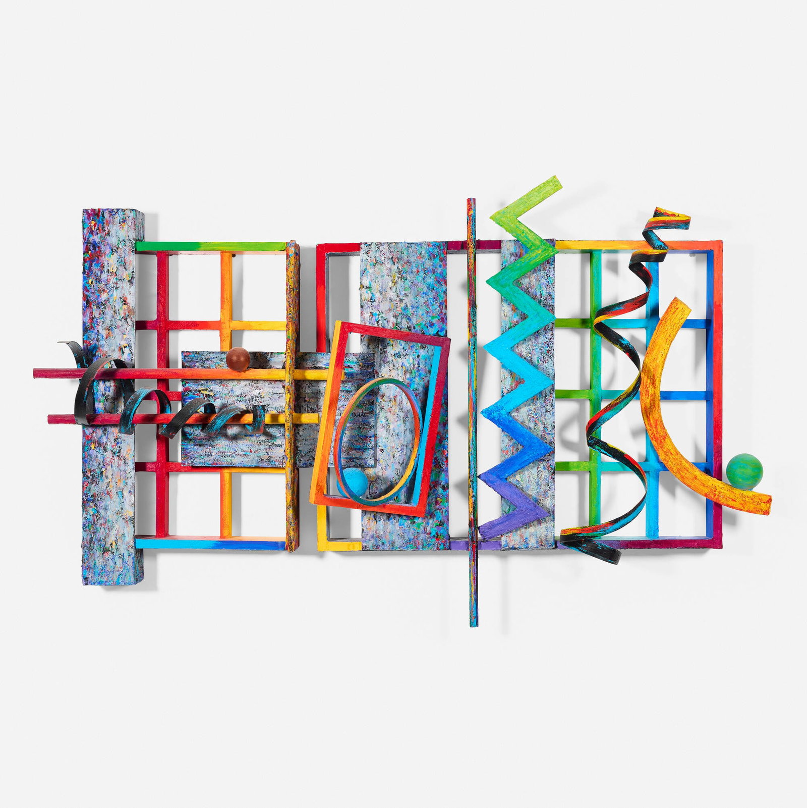 Joan Wenzel, Halfmoon Round: Joan Wenzel Halfmoon Round 1990 acrylic on wood and metal construction 38 h x 58 w x 12.25 d in (97 x 147 x 31 cm) Signed and dated to verso of one panel 'J. Wenzel 1990'. Provenance: Acquired