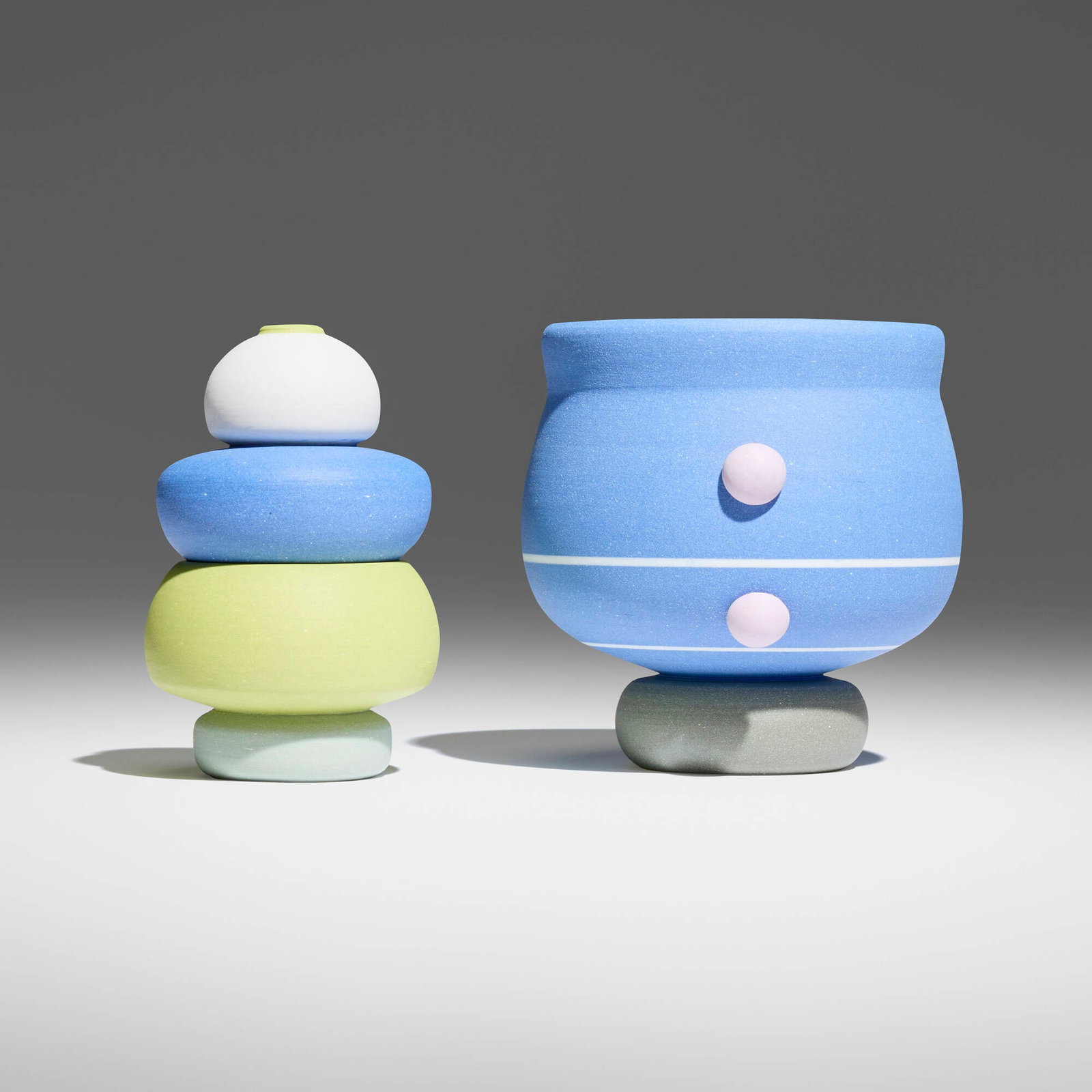 Chris Alveshere, Green Baby Jar; Blue Cup (two works): Chris Alveshere Green Baby Jar; Blue Cup (two works) 2022 colored porcelain with glazed interior 4 h x 2.75 dia in (10 x 7 cm) 4 h x 4 dia in (10 x 10 cm) Impressed signature to underside of each