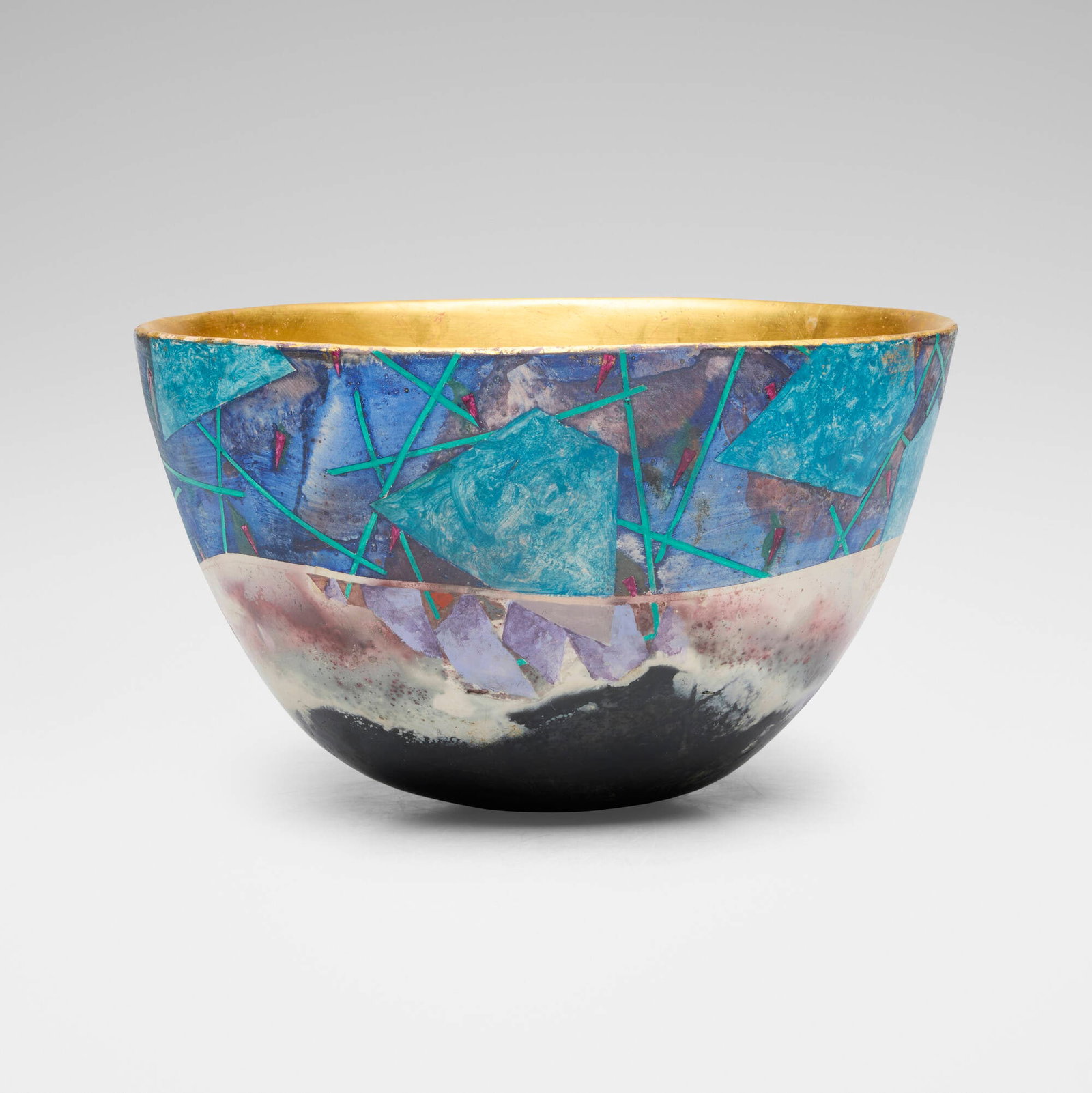 Bennett Bean, Bowl: Bennett Bean Bowl c. 2000 pit-fired, painted, and gilt earthenware 5.625 h x 9.375 dia in (14 x 24 cm) Impressed bean mark to underside. This work will ship from Lambertville, New Jersey.