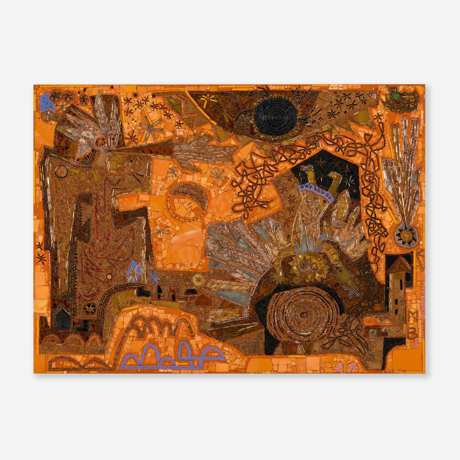 Mary T. Bowling, The Fifth Angel Sounded: Mary T. Bowling The Fifth Angel Sounded 1981 beads, glass and found object mosaic 17.5 h x 23.5 w in (44 x 60 cm) Beaded signature to lower right 'MB'. Signed, titled, dated and inscribed to verso
