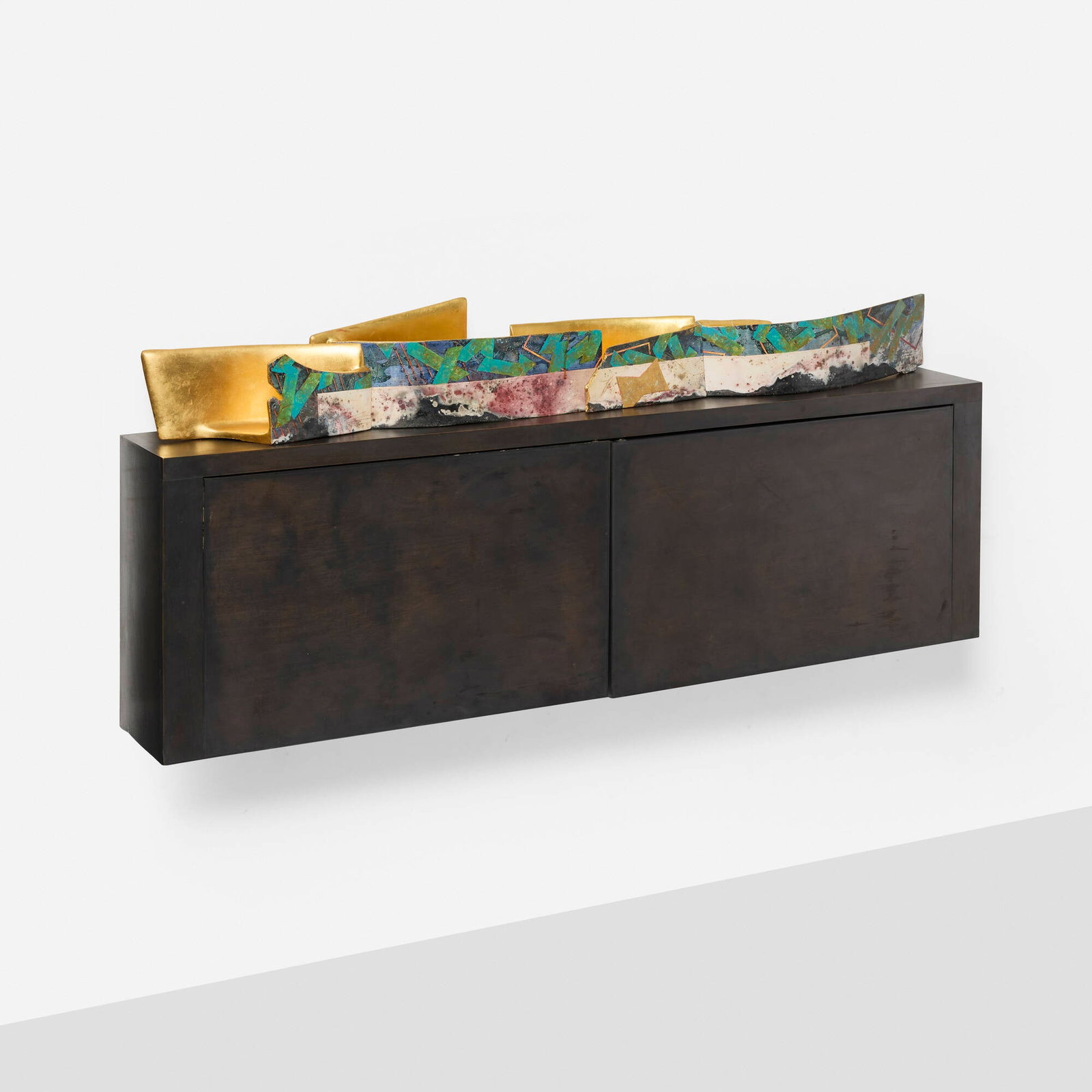 Bennett Bean, Four-part Wing on Cabinet: Bennett Bean Four-part Wing on Cabinet 2003 painted oak, powdered graphite, pit-fired, painted, and gilt earthenware 21 h x 47.75 w x 7.5 d in (53 x 121 x 19 cm) Cabinet features two doors