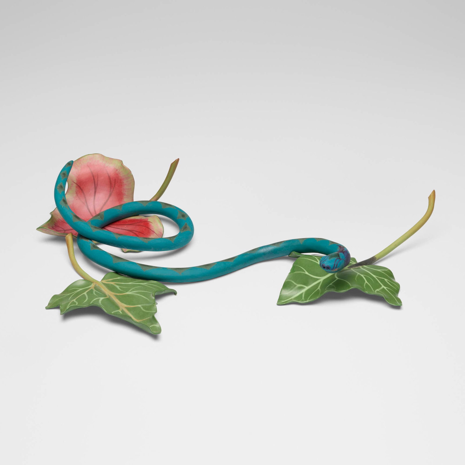 Lizbeth Stewart, Untitled (Snake and Leaves): Lizbeth Stewart Untitled (Snake and Leaves) c. 1990 earthenware, underglaze, china paint, paint snake: 2.5 h x 12.5 w x 5.5 d in (6 x 32 x 14 cm) shortest leaf: 2.25 h x 6.5 w x 5.25 d in (6 x 17 x