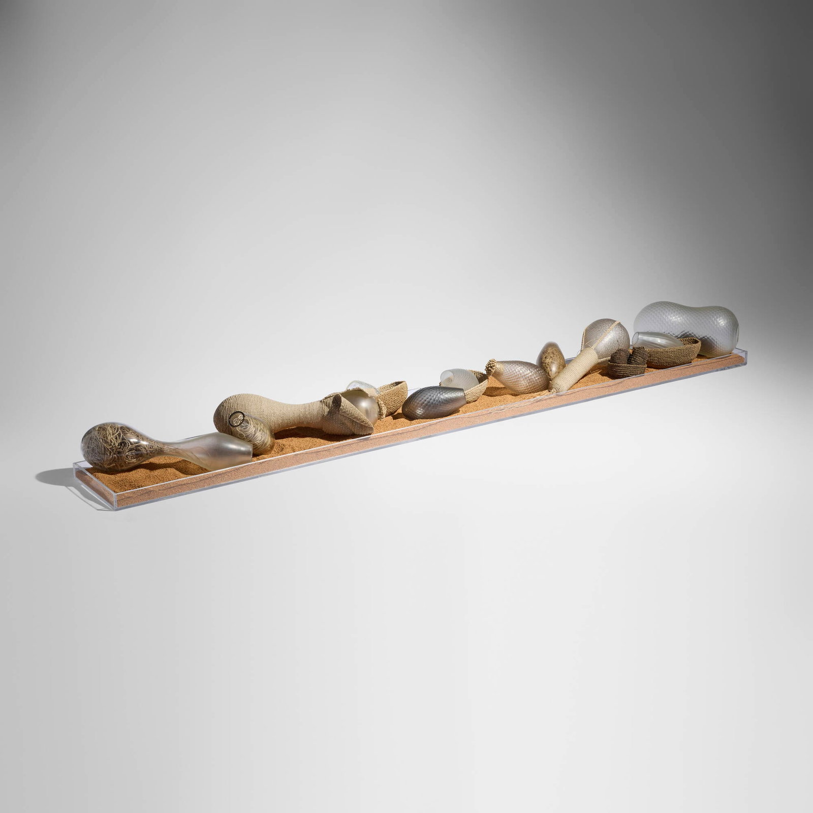 Cristiano Bianchin, Garden: Cristiano Bianchin Garden c. 2000 blown glass, hemp, sand, acrylic 15.5 h x 5 dia in (39 x 13 cm) 3.25 h x 3.75 dia in (8 x 10 cm) This lot is comprised of eleven blown glass elements, six