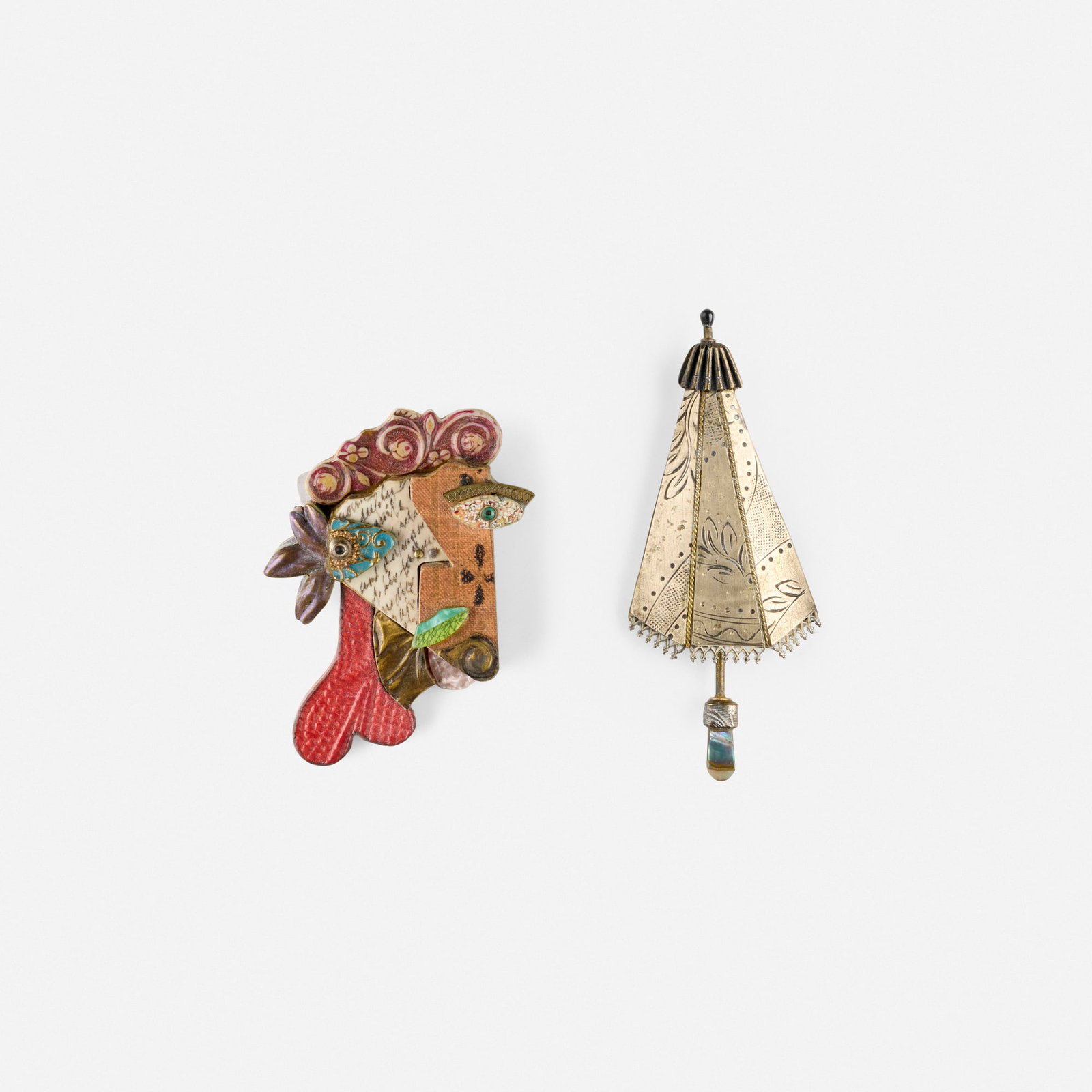 Kranitzky & Overstreet, Two brooches: Kranitzky & Overstreet Two brooches c. 2010 silver, carved and decorated wood, enamel, abalone shell 3.125 h x 1.25 w x 0.25 d in (8 x 3 x 1 cm) 2.5 h x 1.875 w x 0.625 d in (6 x 5 x 2 cm) Please