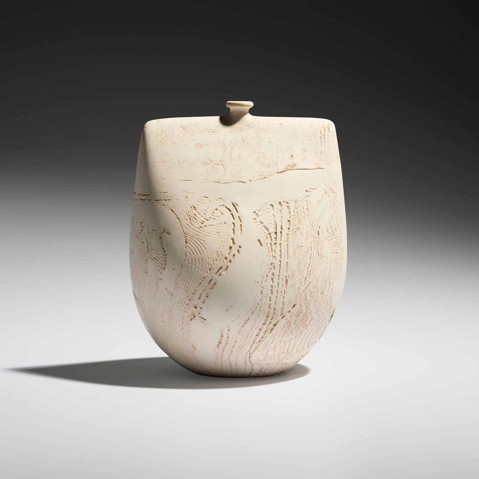 Peter Hayes, Bow Form: Peter Hayes Bow Form c. 1990 raku-fired earthenware 8.5 h x 6.75 w x 5.375 d in (22 x 17 x 14 cm) Impressed artist's mark to underside. Provenance: Peter Dingley Gallery, Stratford-upon-Avon |