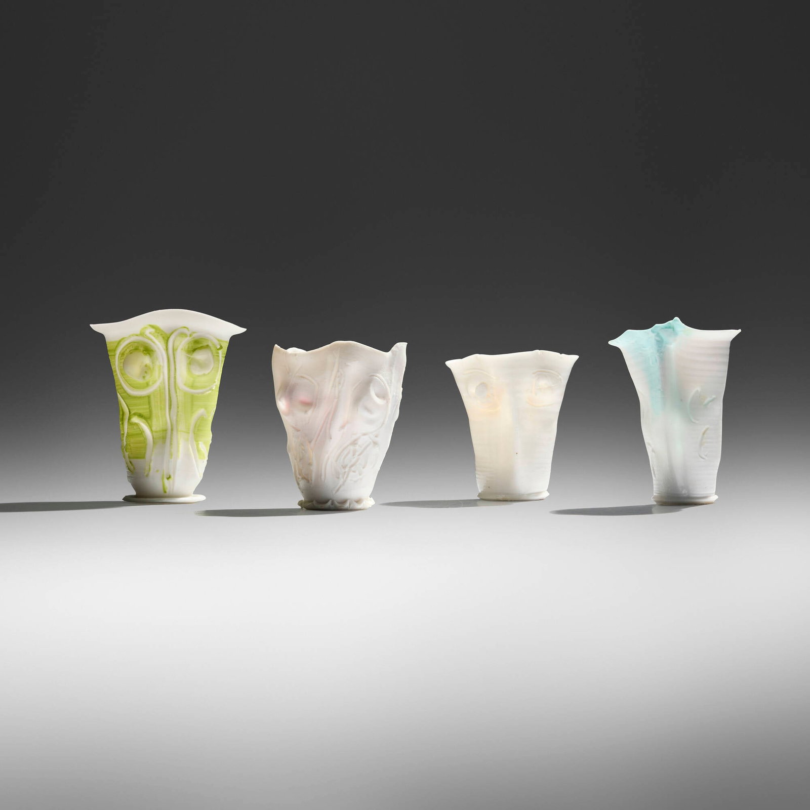 Rudolf Staffel, Light Gatherers, set of four: Rudolf Staffel Light Gatherers, set of four c. 1990glazed porcelain, porcelain tallest: 4 h x 3.125 w x 3.375 d in (10 x 8 x 9 cm) shortest: 3.25 h x 2.875 w x 2.875 d in (8 x 7 x 7 cm) Inc