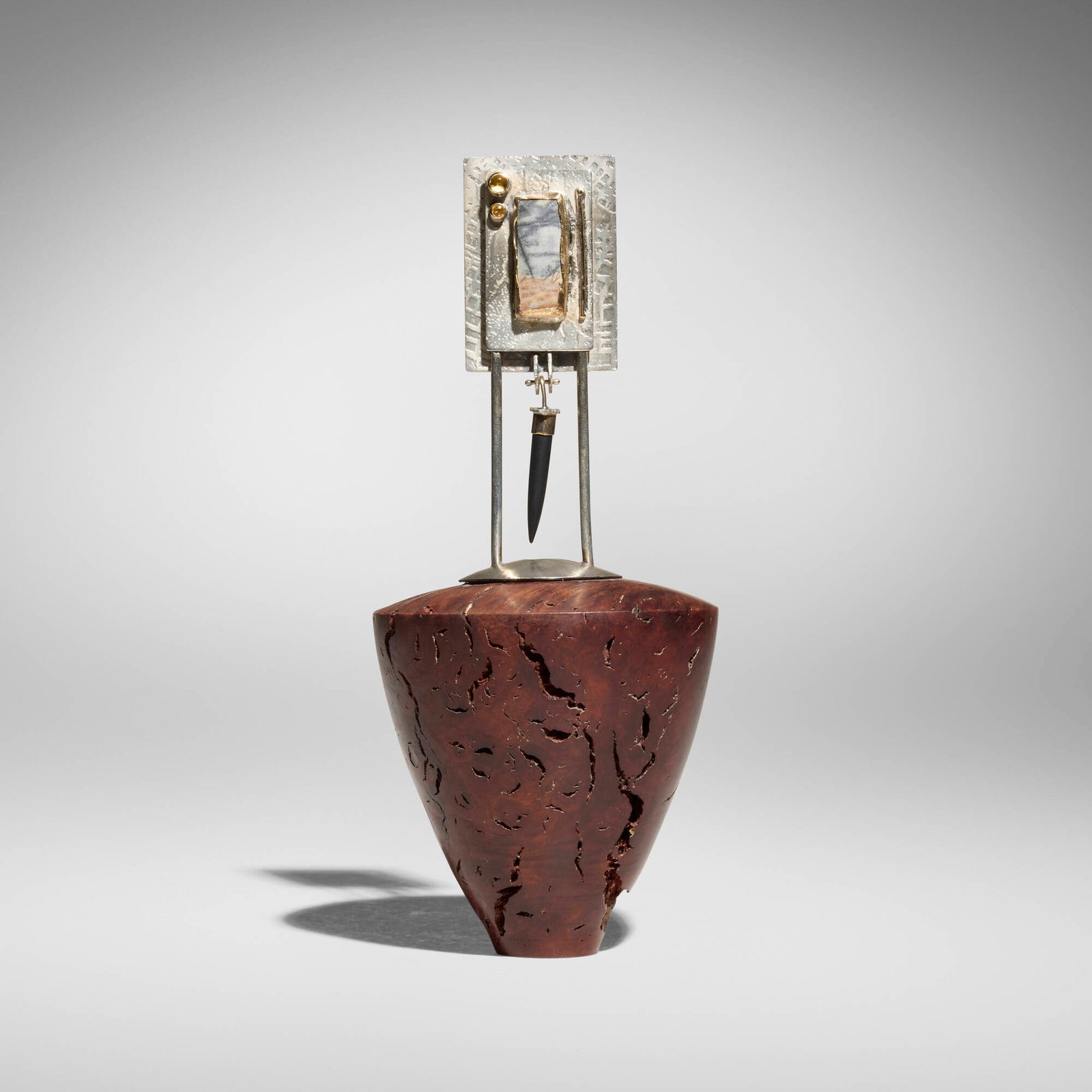 Charles and Tami Kegley, Vessel with Pin: Charles and Tami Kegley Vessel with Pin 1992 lilac burl, sterling silver, 14k gold, Picasso marble, citrine and onyx 7.25 h x 3 dia in (18 x 8 cm) Work features a detachable, wearable pin. Incised