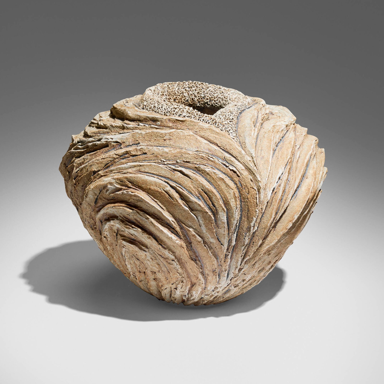 Anne Goldman, River Fall vase: Anne Goldman River Fall vase c. 2010 carved stoneware with porcelain slip 7.75 h x 9.5 dia in (20 x 24 cm) This work will ship from Los Angeles, California.