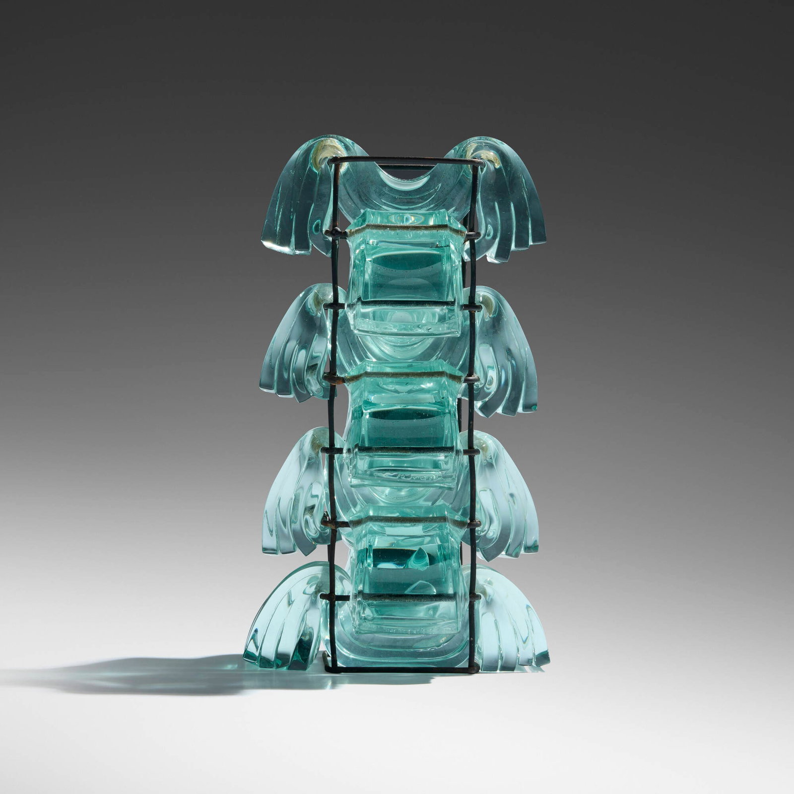 Sydney Cash, Ice Pagoda: Sydney Cash Ice Pagoda 1994 slumped glass, metal 7.375 h x 4.25 w x 3.875 d in (19 x 11 x 10 cm) Etched signature and date near base '? Cash 94'. Provenance: Heller Gallery, New York |